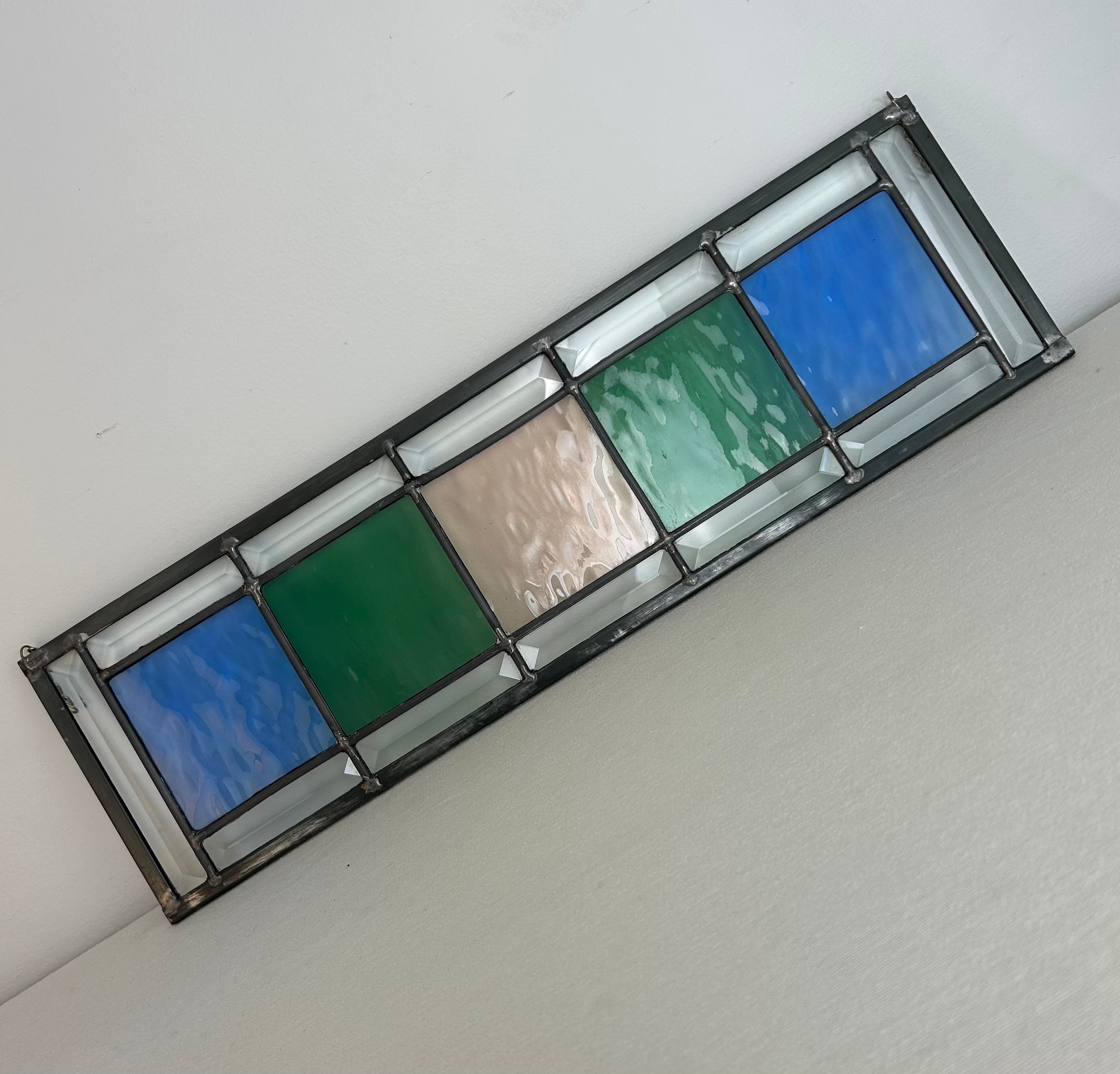 Stained Glass Panel with Faceted Edge, Blue, Green, Beige