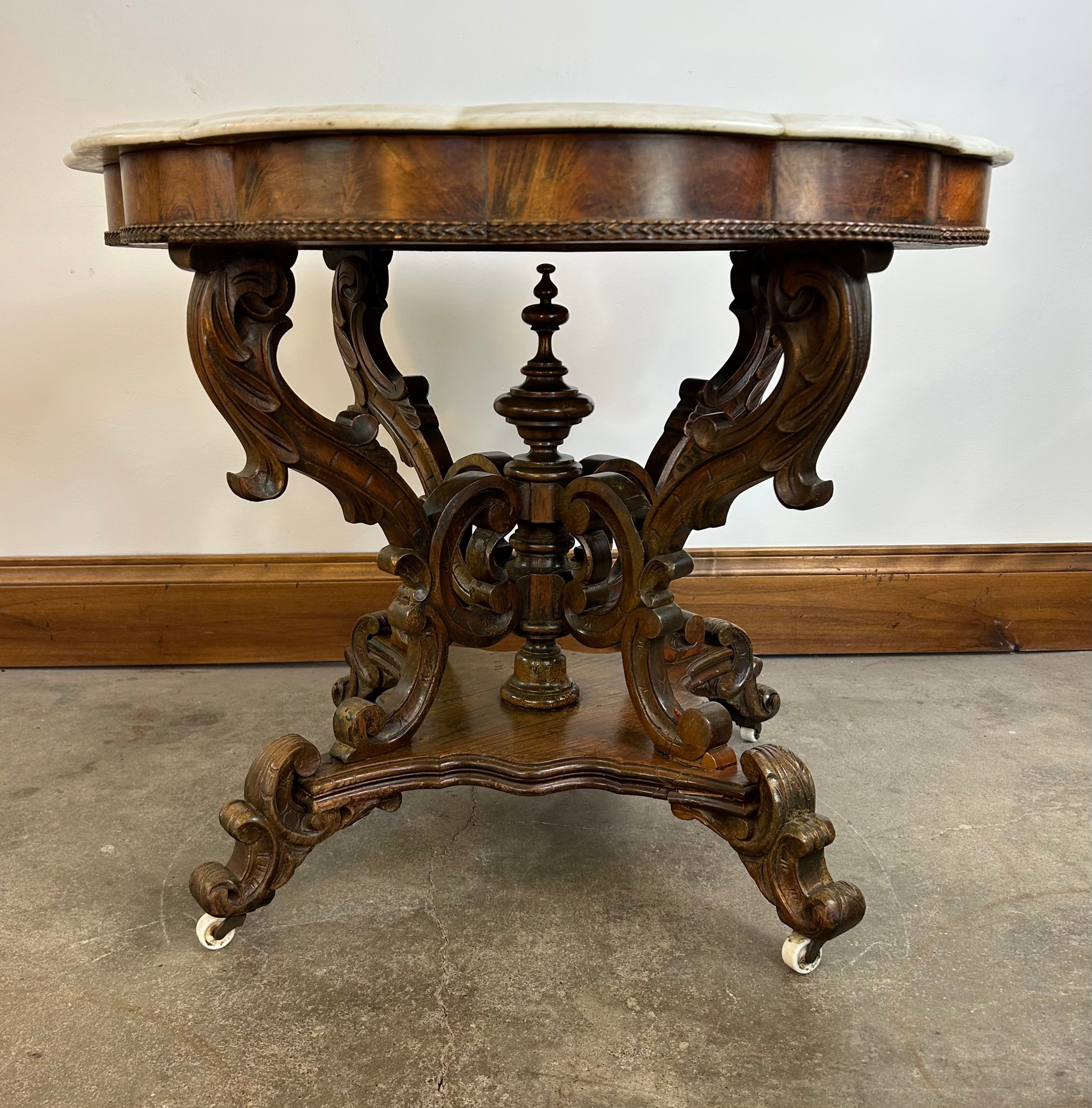Antique Scalloped White Marble Top Parlor Table, Eastlake Style