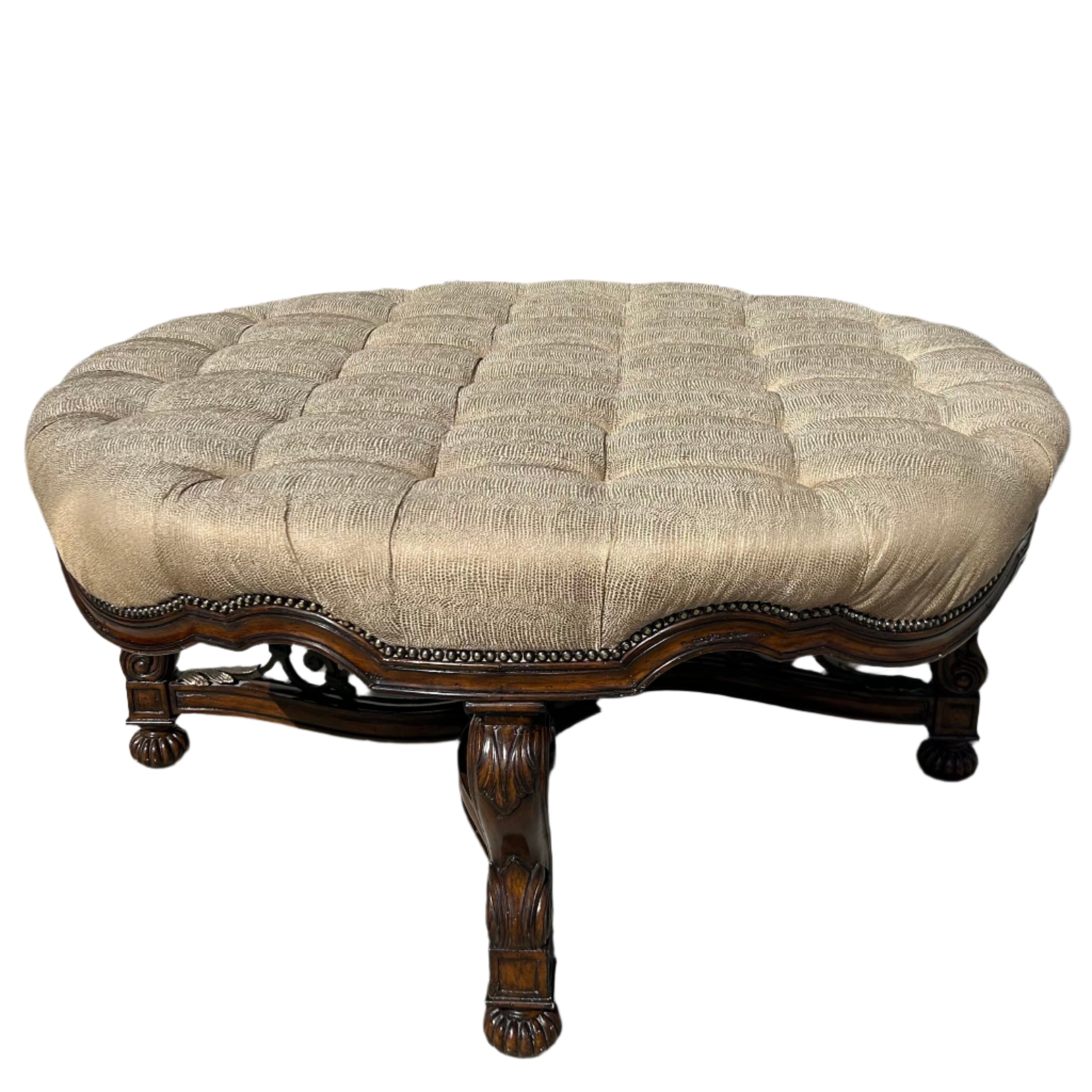 Marge Carson Large Round Tufted Ottoman Nailhead Detail
