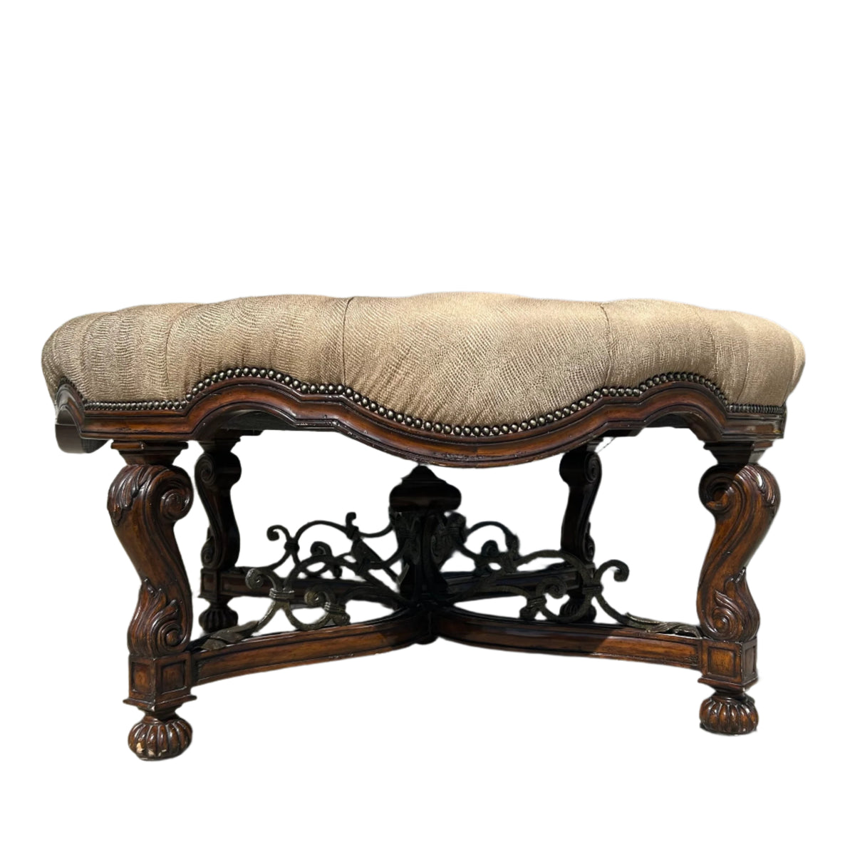 Marge Carson Large Round Tufted Ottoman Nailhead Detail