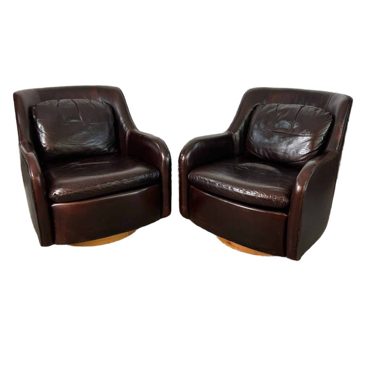 Room & Board Leather Swivel Chairs, Oxblood Brown, Pair