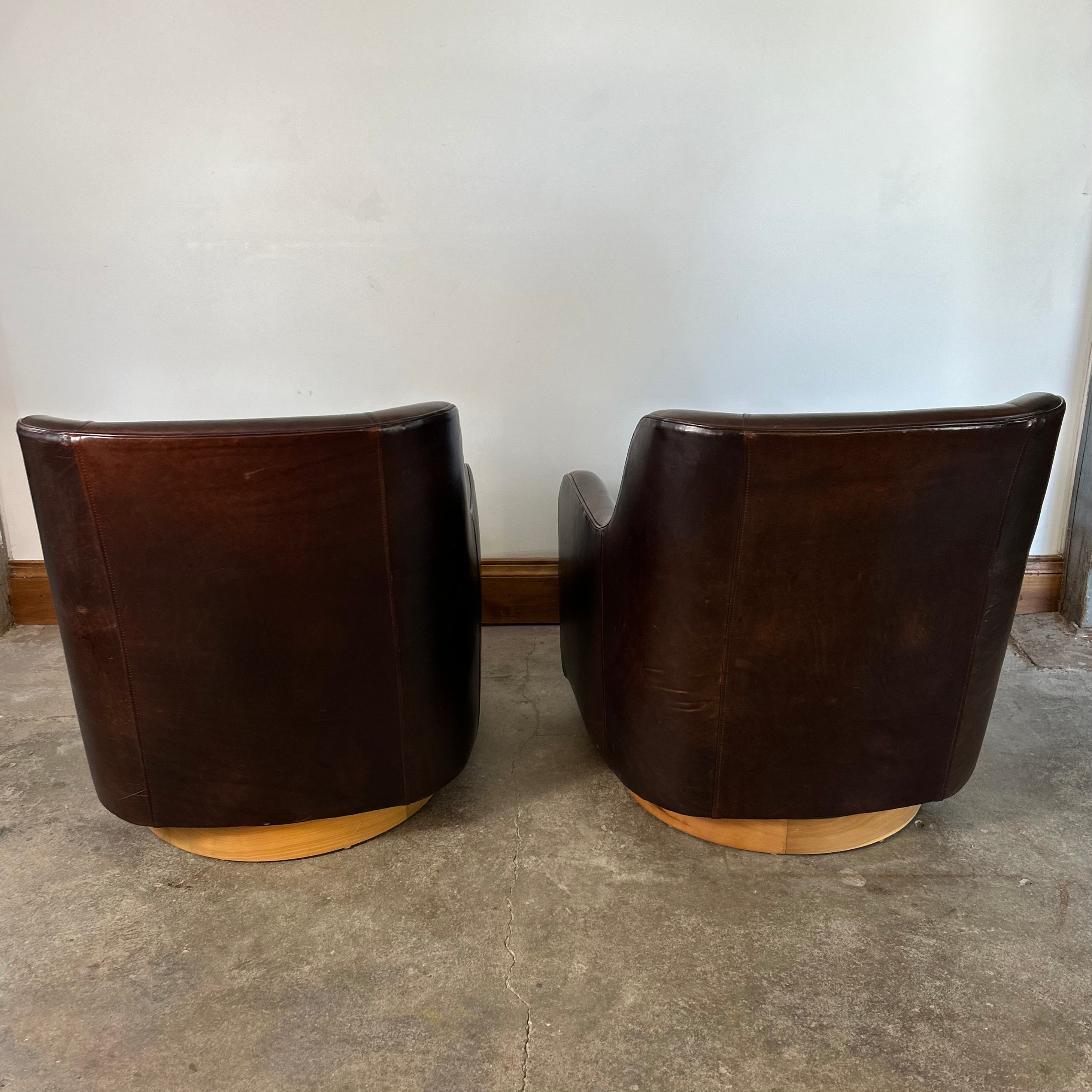 Room & Board Leather Swivel Chairs, Oxblood Brown, Pair