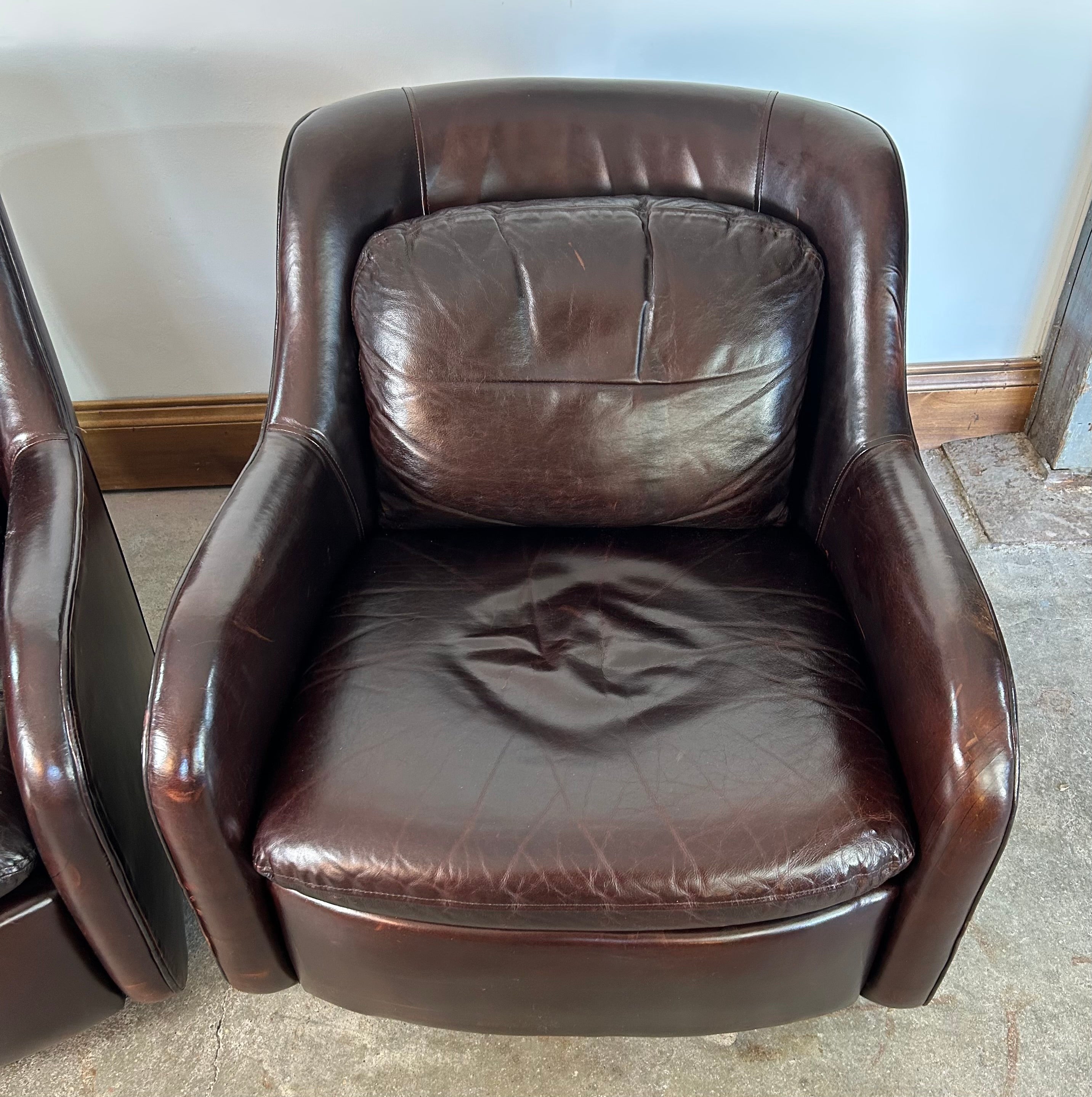 Room & Board Leather Swivel Chairs, Oxblood Brown, Pair