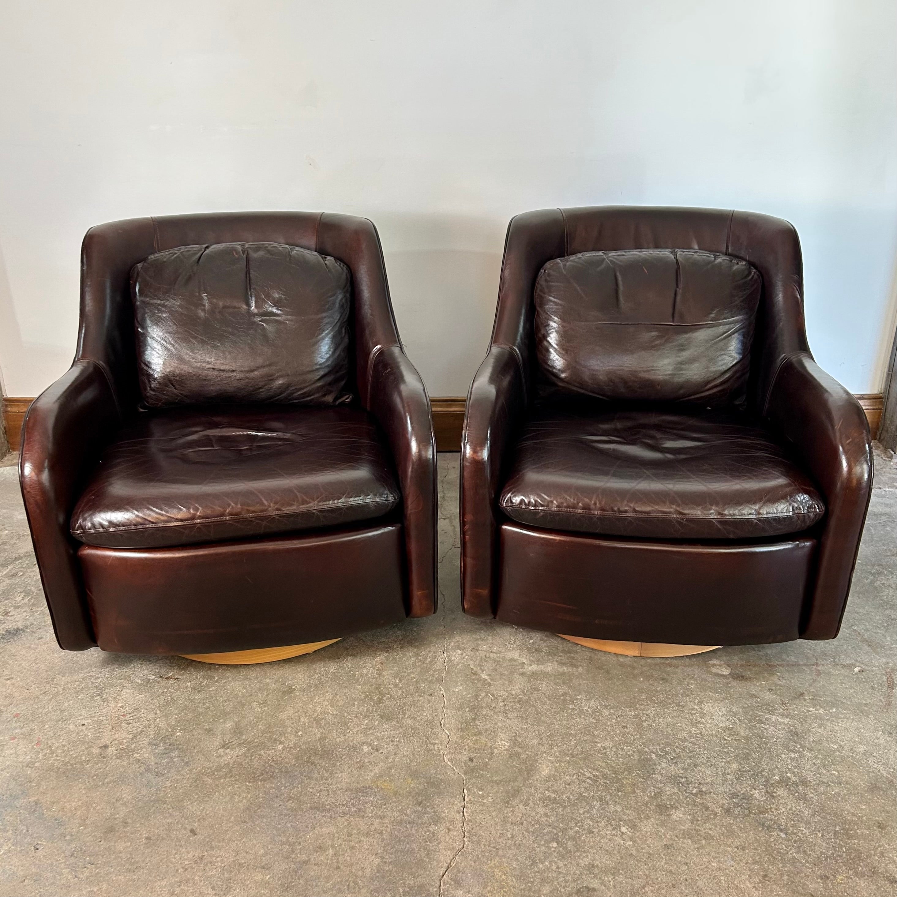 Room & Board Leather Swivel Chairs, Oxblood Brown, Pair