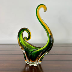 Murano Blown Glass Vase, Swan, Green, Brown, Clear