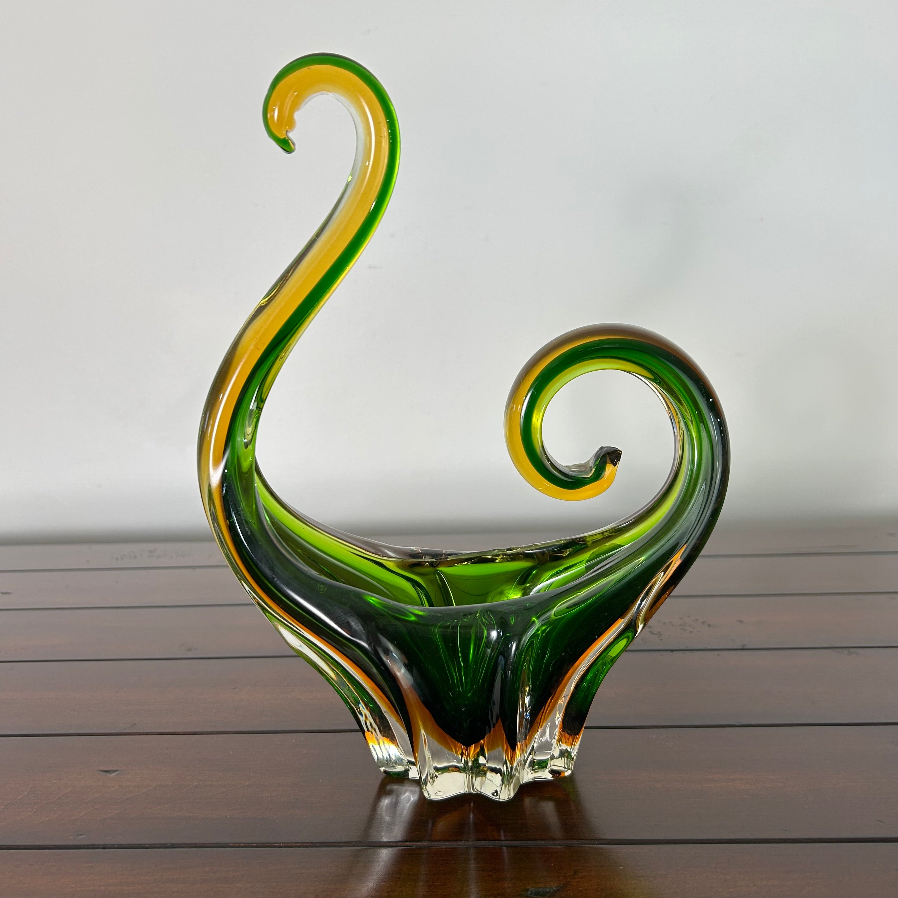Murano Blown Glass Vase, Swan, Green, Brown, Clear