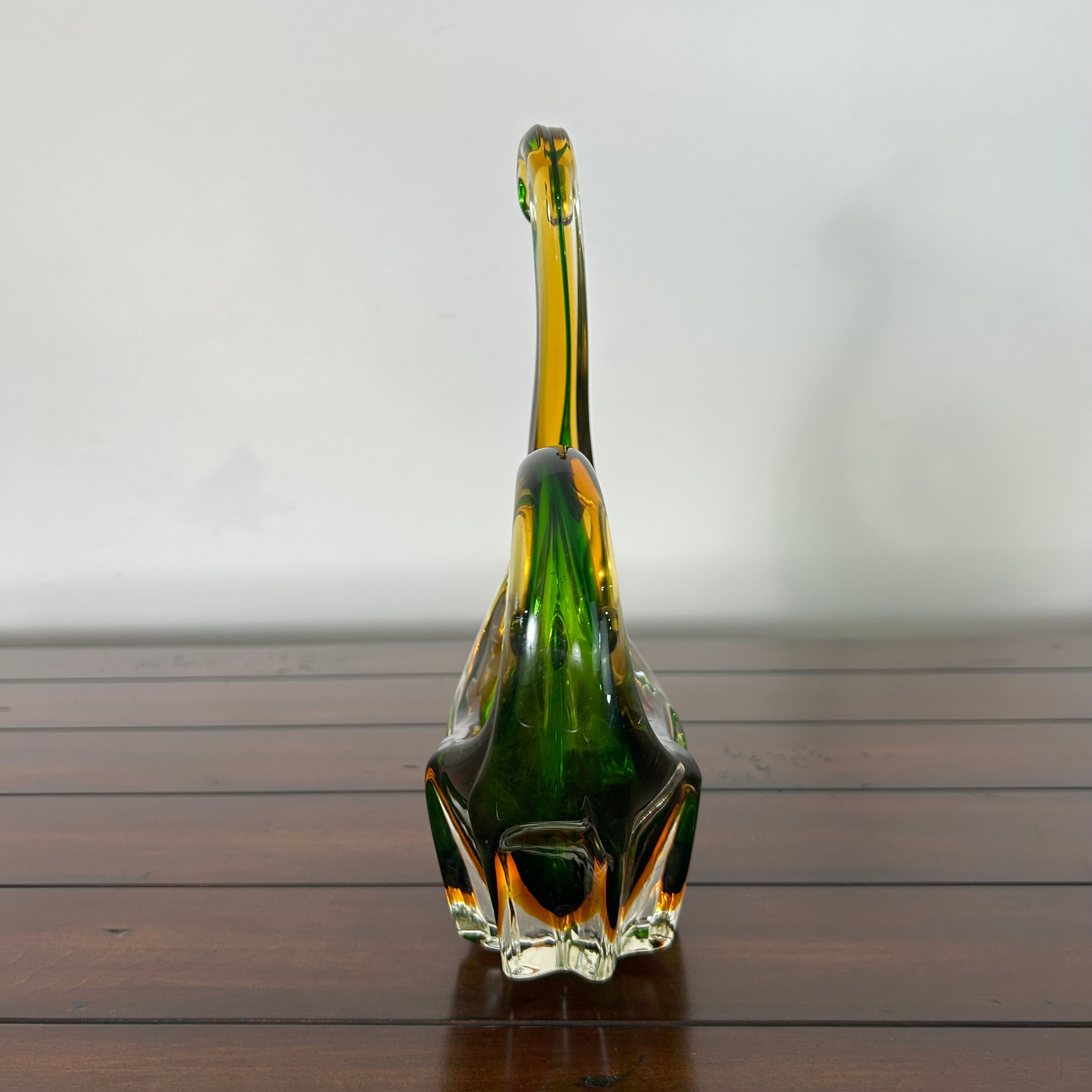 Murano Blown Glass Vase, Swan, Green, Brown, Clear