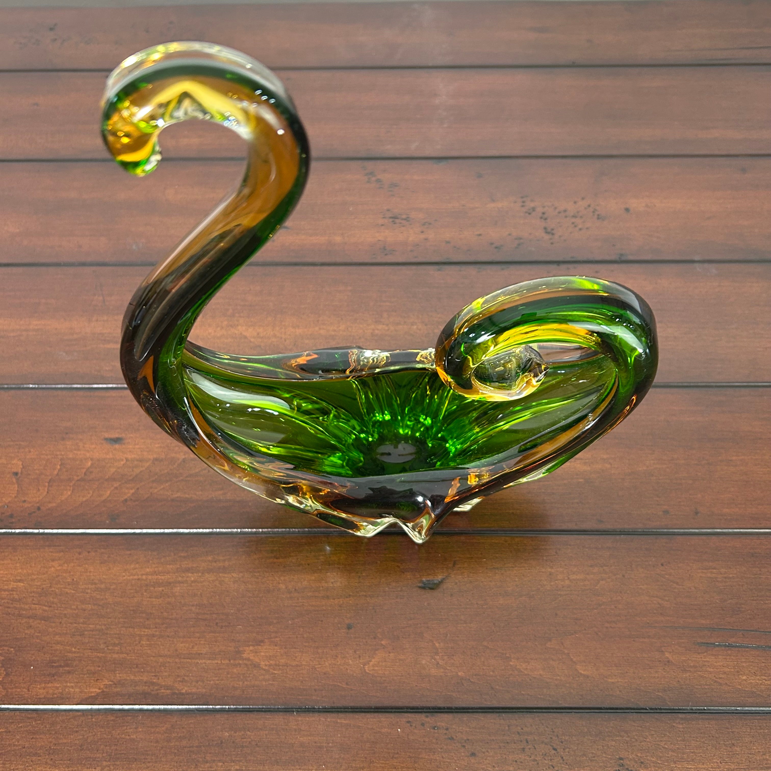 Murano Blown Glass Vase, Swan, Green, Brown, Clear