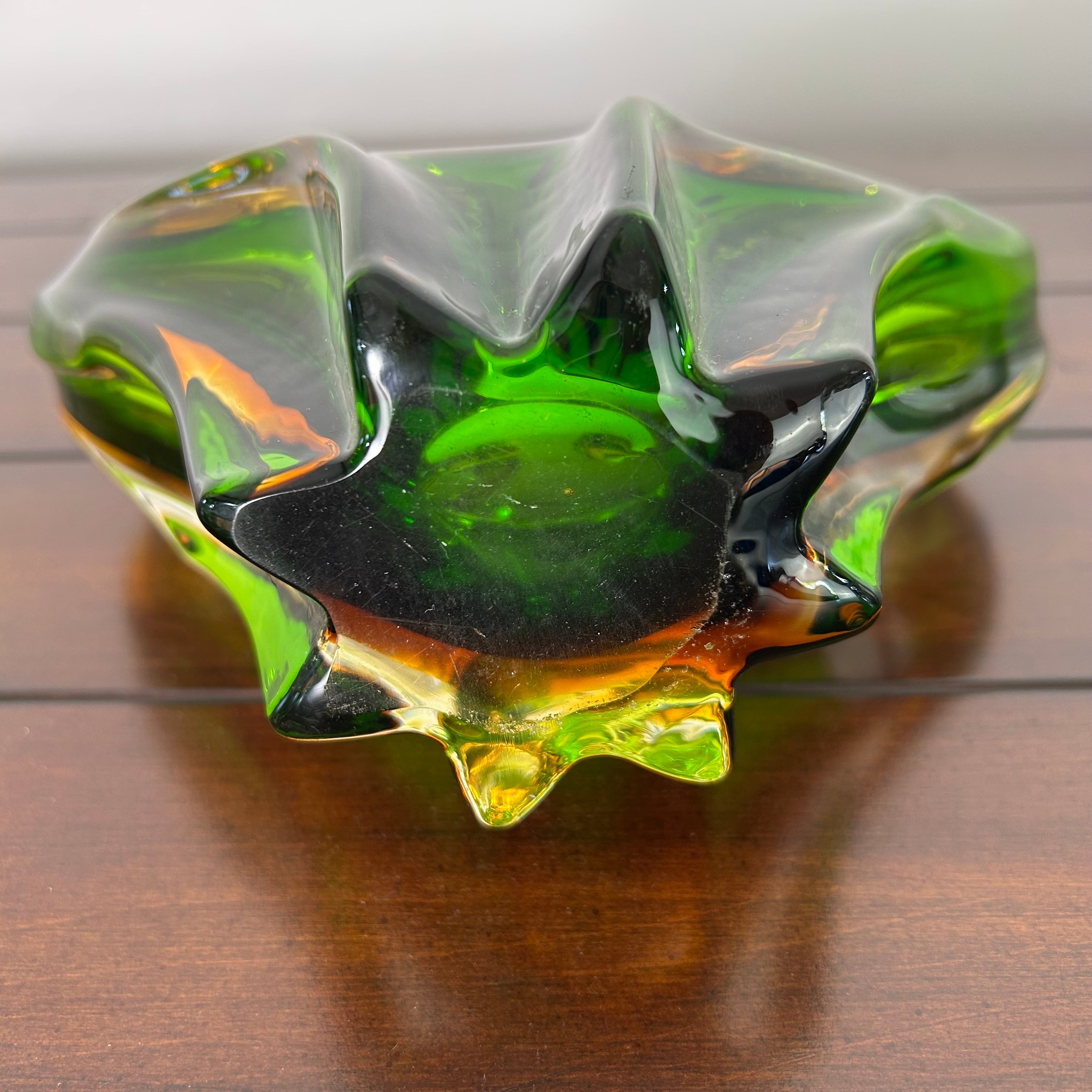Murano Blown Glass Vase, Swan, Green, Brown, Clear