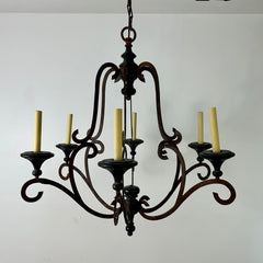 Chandelier, Oxidized Metal,  Six Arm, Black Candle Cups