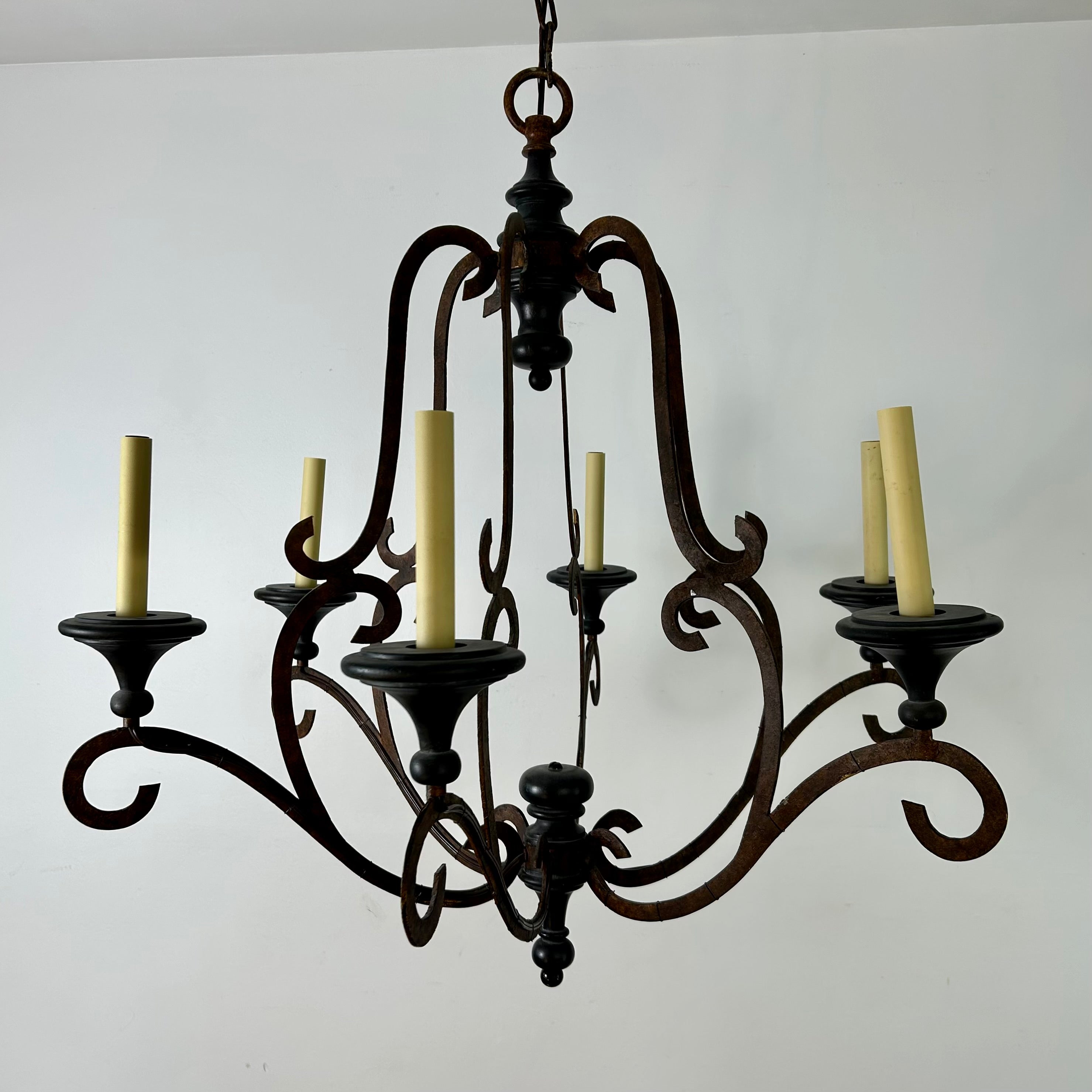 Chandelier, Oxidized Metal,  Six Arm, Black Candle Cups