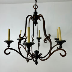Chandelier, Oxidized Metal,  Six Arm, Black Candle Cups