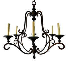 Chandelier, Oxidized Metal,  Six Arm, Black Candle Cups