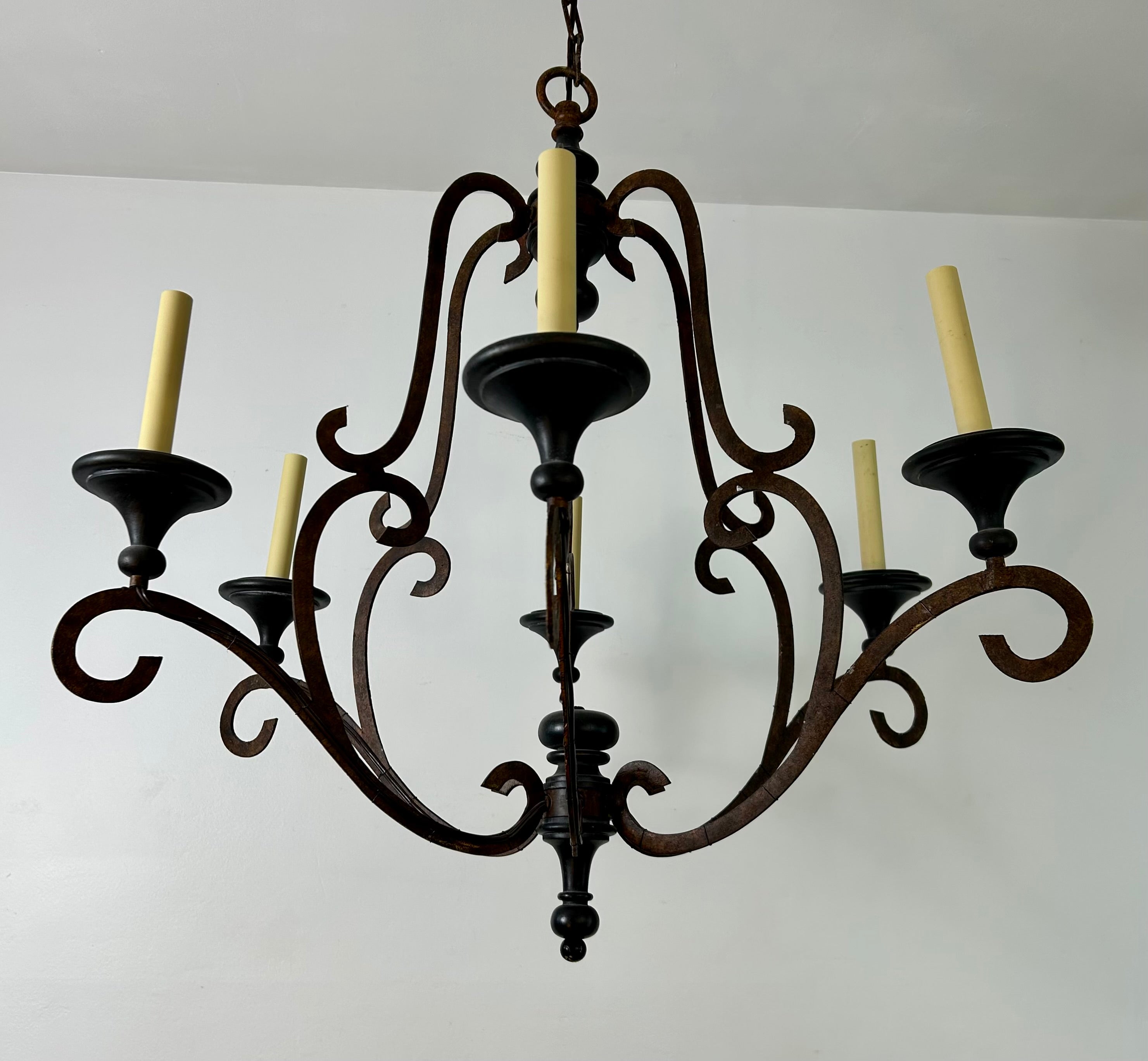 Chandelier, Oxidized Metal,  Six Arm, Black Candle Cups