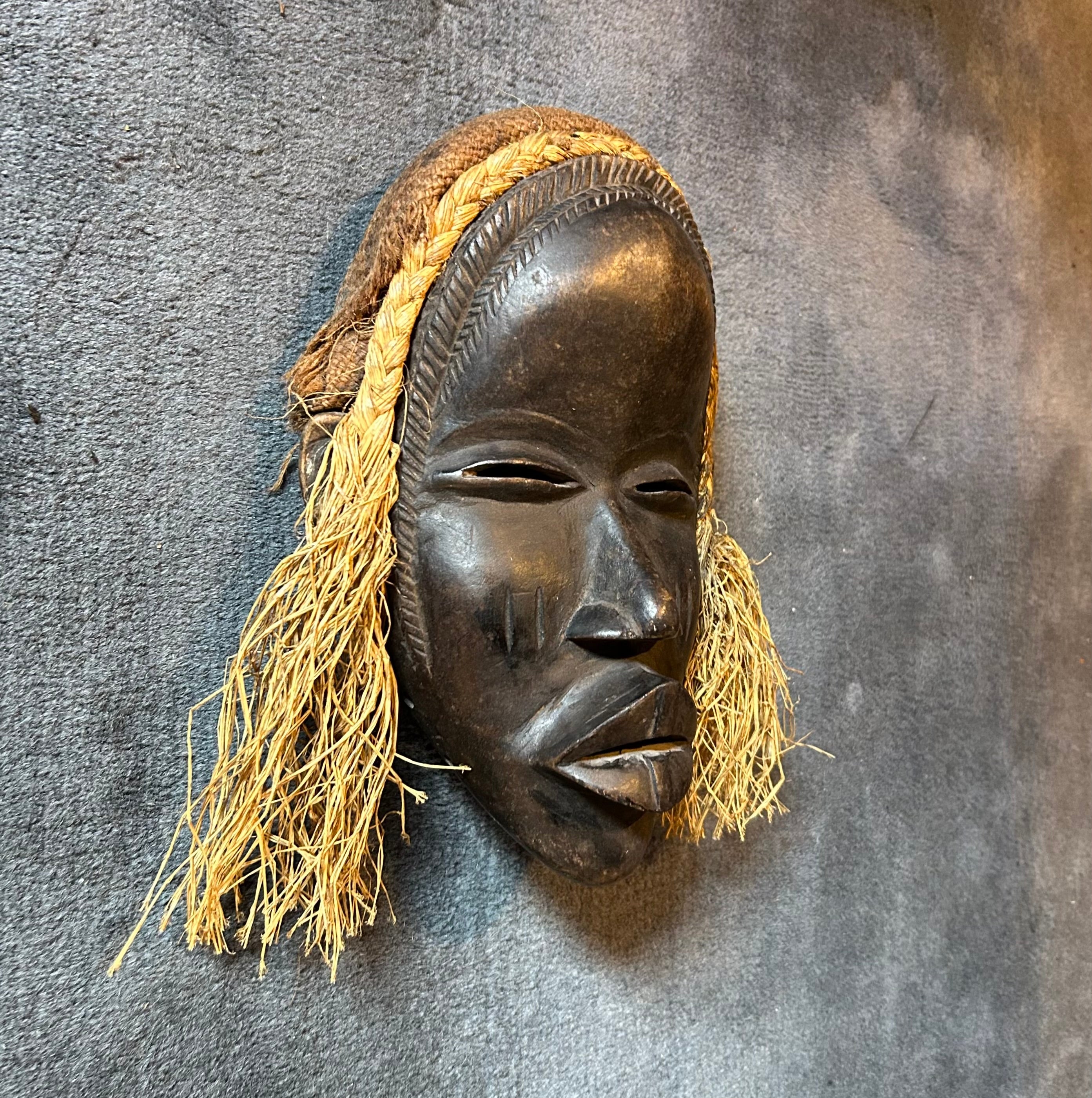 Congo Tribal Mask, Woman's Face, Hand Carved, Raffia Hair