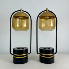 Nordic Style Table Lamps, Amber Glass Globe, Black with Gold Detail, Pair