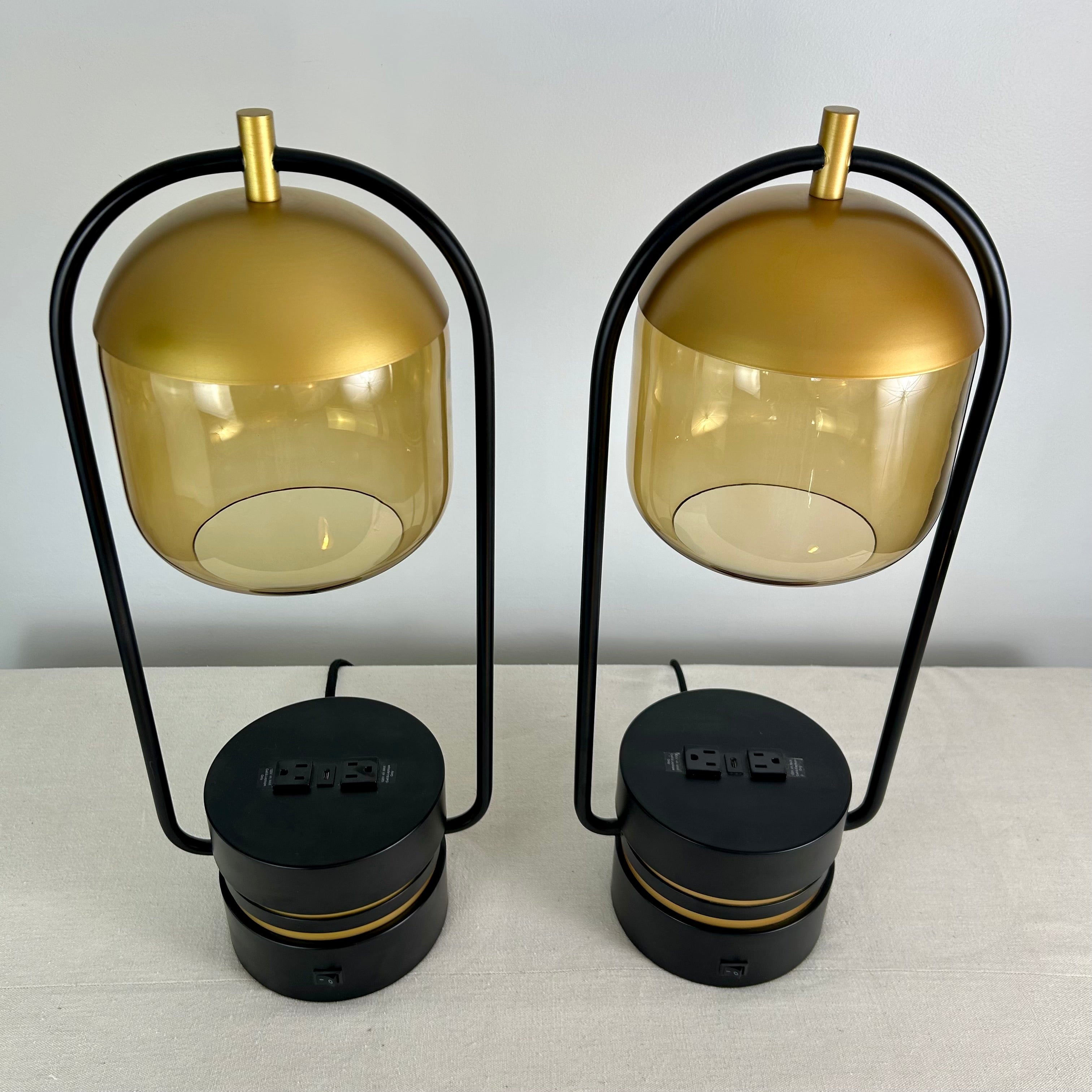 Nordic Style Table Lamps, Amber Glass Globe, Black with Gold Detail, Pair