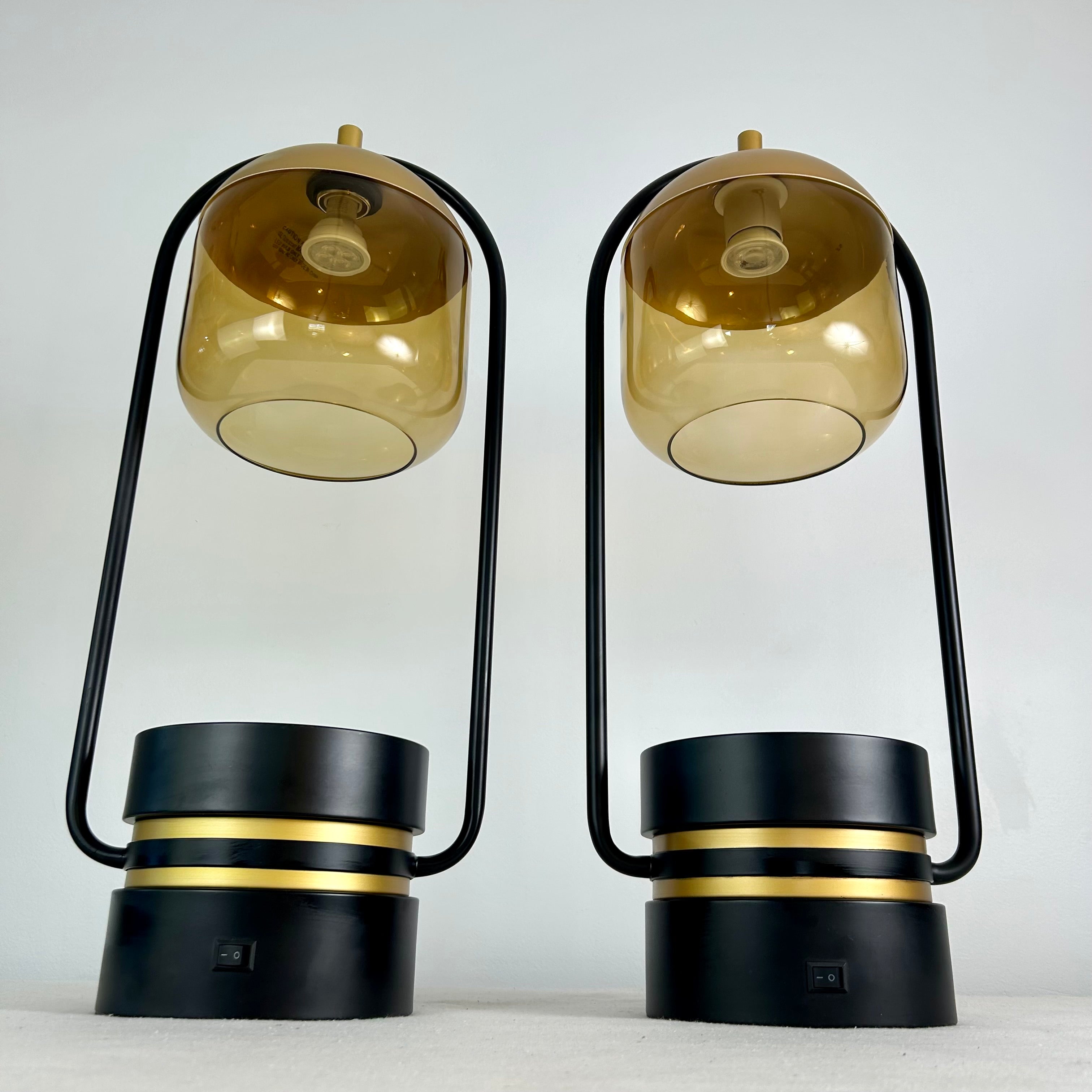 Nordic Style Table Lamps, Amber Glass Globe, Black with Gold Detail, Pair