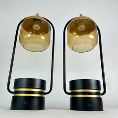 Nordic Style Table Lamps, Amber Glass Globe, Black with Gold Detail, Pair