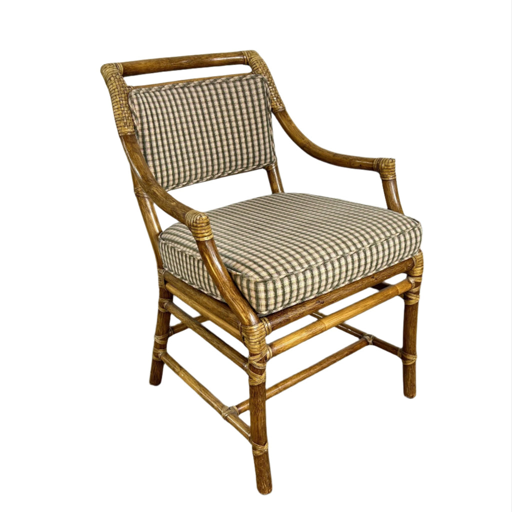 McGuire Wicker and Leather Wrapped Arm Chair, Plaid Upholstery