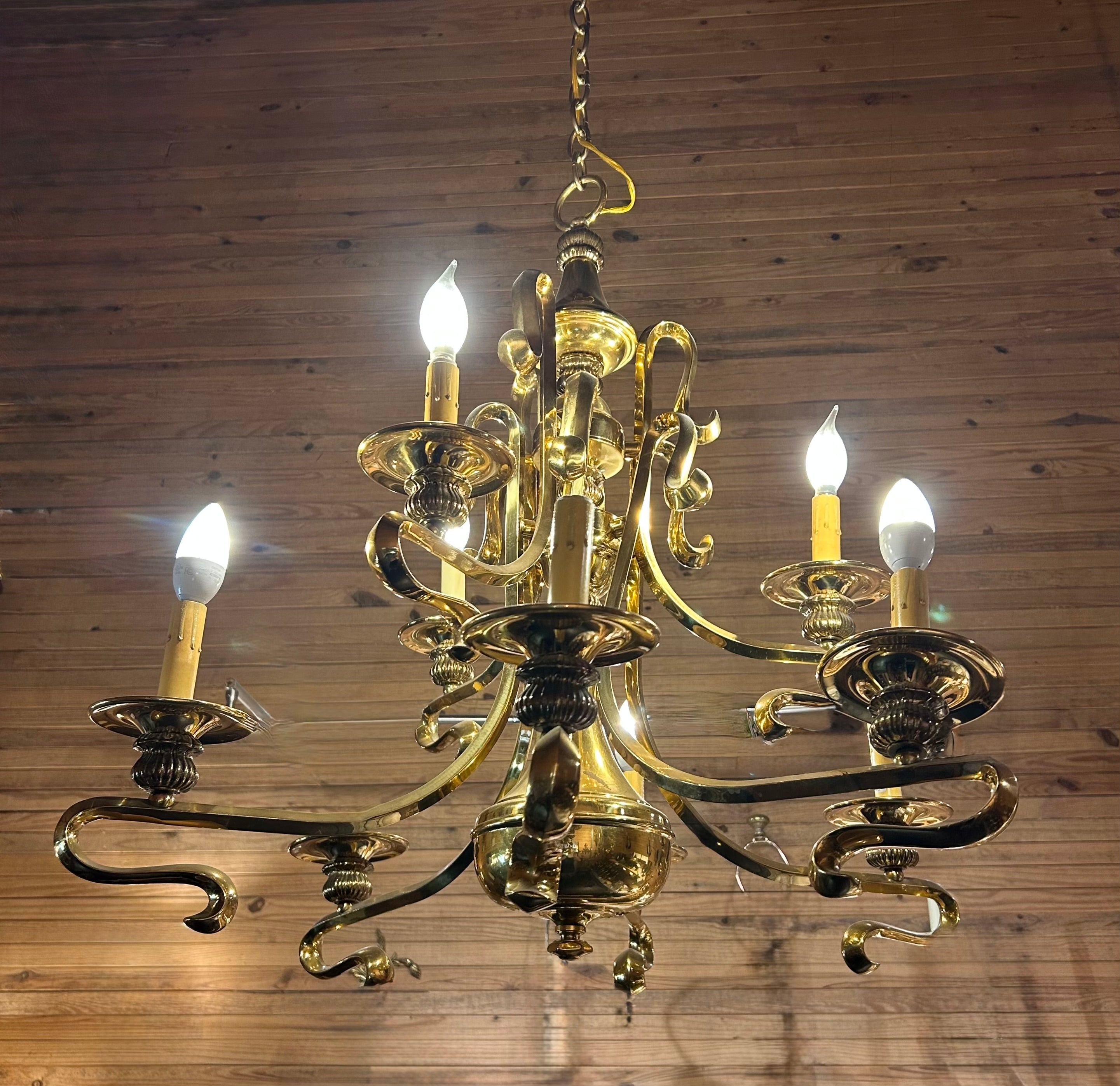 Chandelier, Brass, Holywood Regency, Deco Style, Six Arm, Sku: 032917
