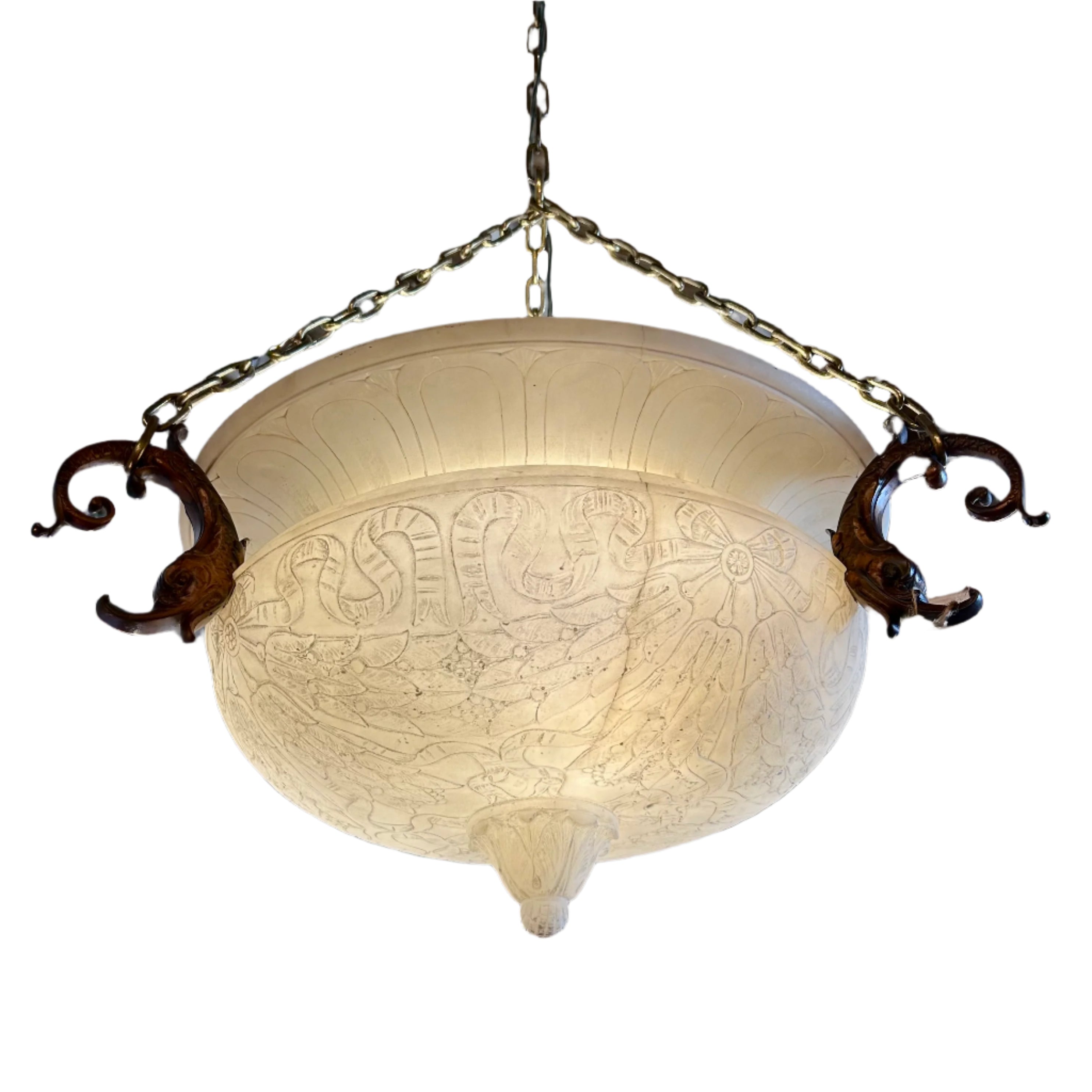 Chandelier, White Marble, Hand Carved Detail, Bronze Brackets, Three Brass Chain, sku: 25717