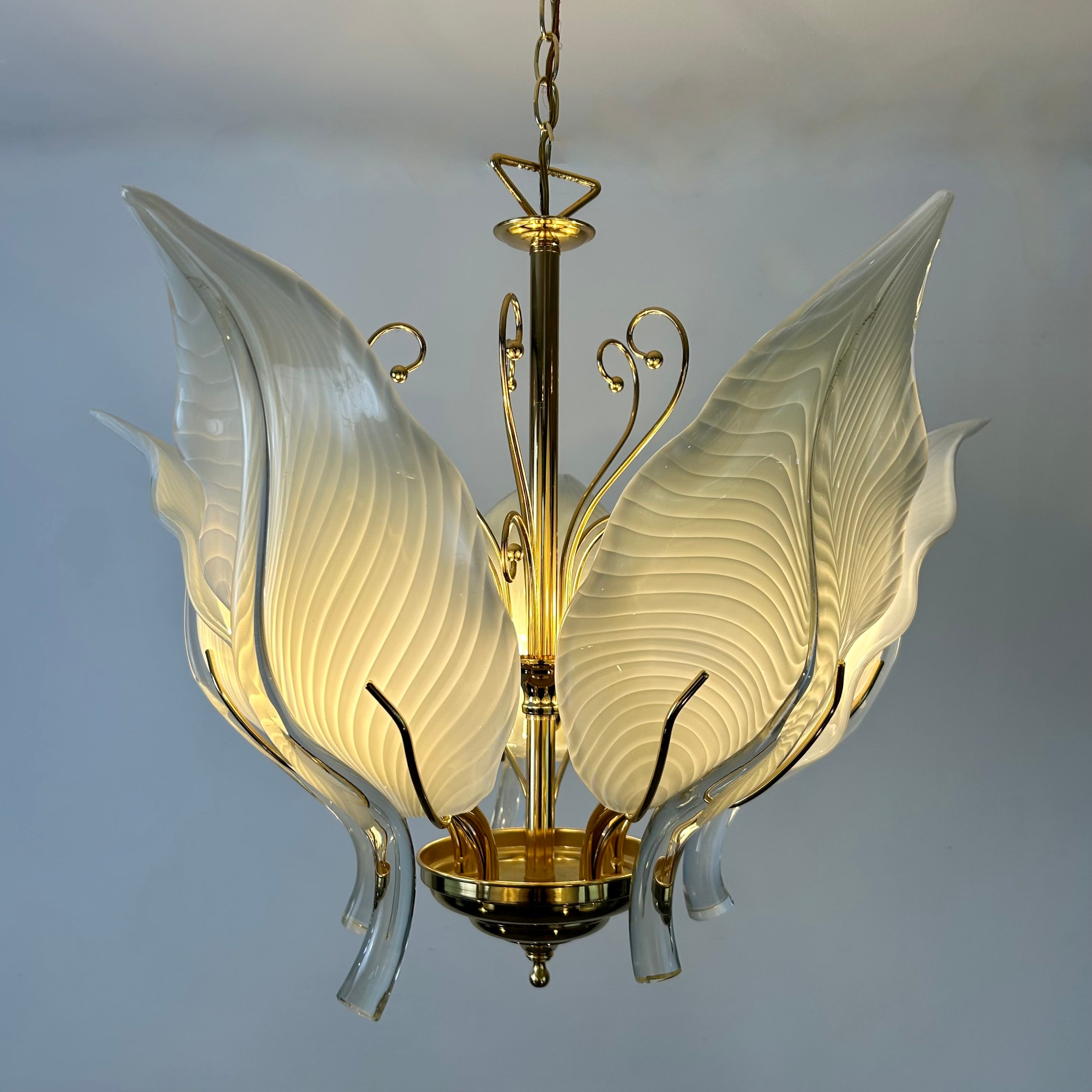 Chandelier, Murano Glass White Leaves, Brass Frame, Sku: 032981