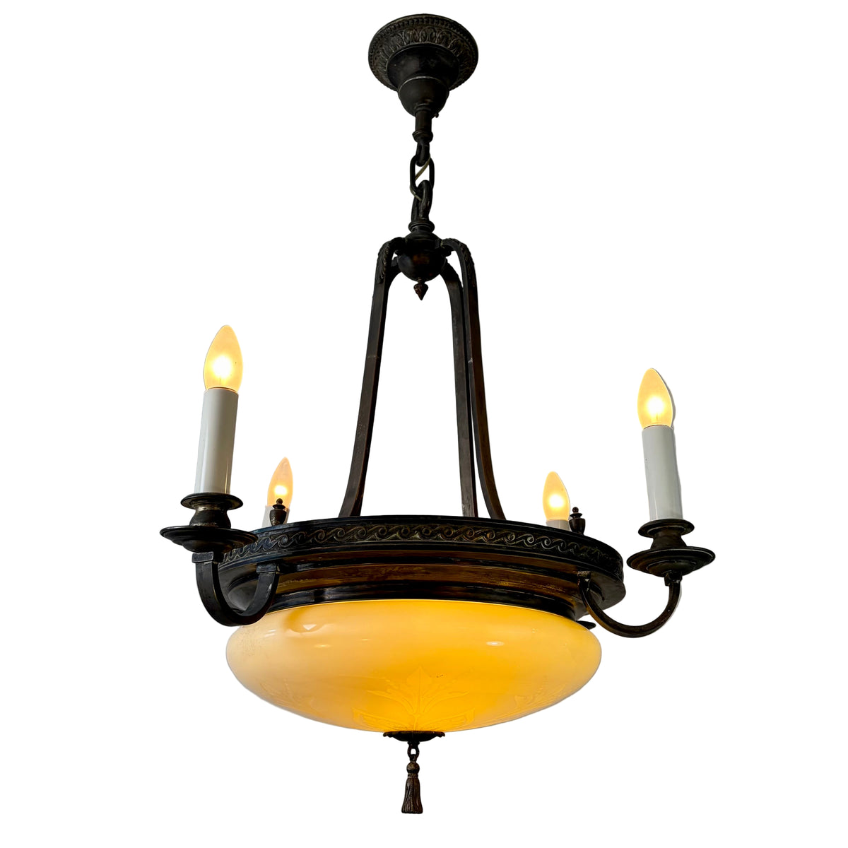 Antique Four-Arm Chandelier, Cut Milk Glass Bowl, Dark Bronze Finish, Sku: 033176