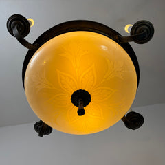Antique Four-Arm Chandelier, Cut Milk Glass Bowl, Dark Bronze Finish, Sku: 033176