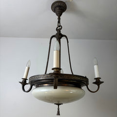 Antique Four-Arm Chandelier, Cut Milk Glass Bowl, Dark Bronze Finish, Sku: 033176