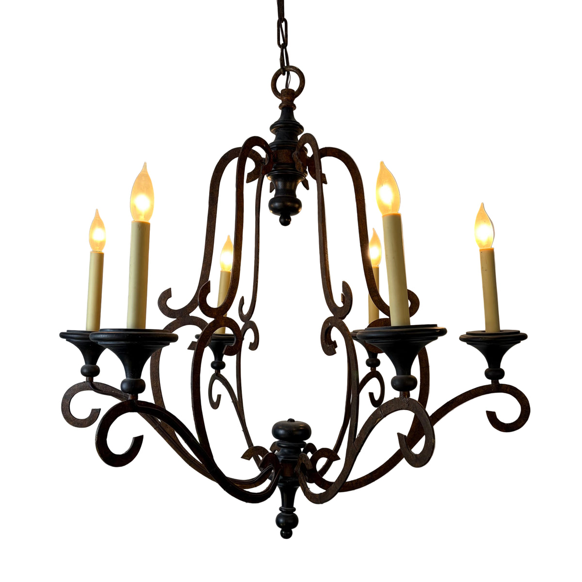 Chandelier, Oxidized Metal,  Six Arm, Black Candle Cups, Sku: 021721