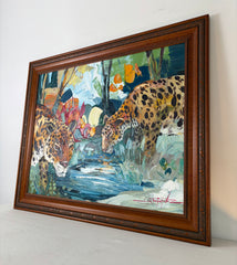 Original Artwork, Two Leopards at Stream, Signed by Artist, Framed, Sku: 033194