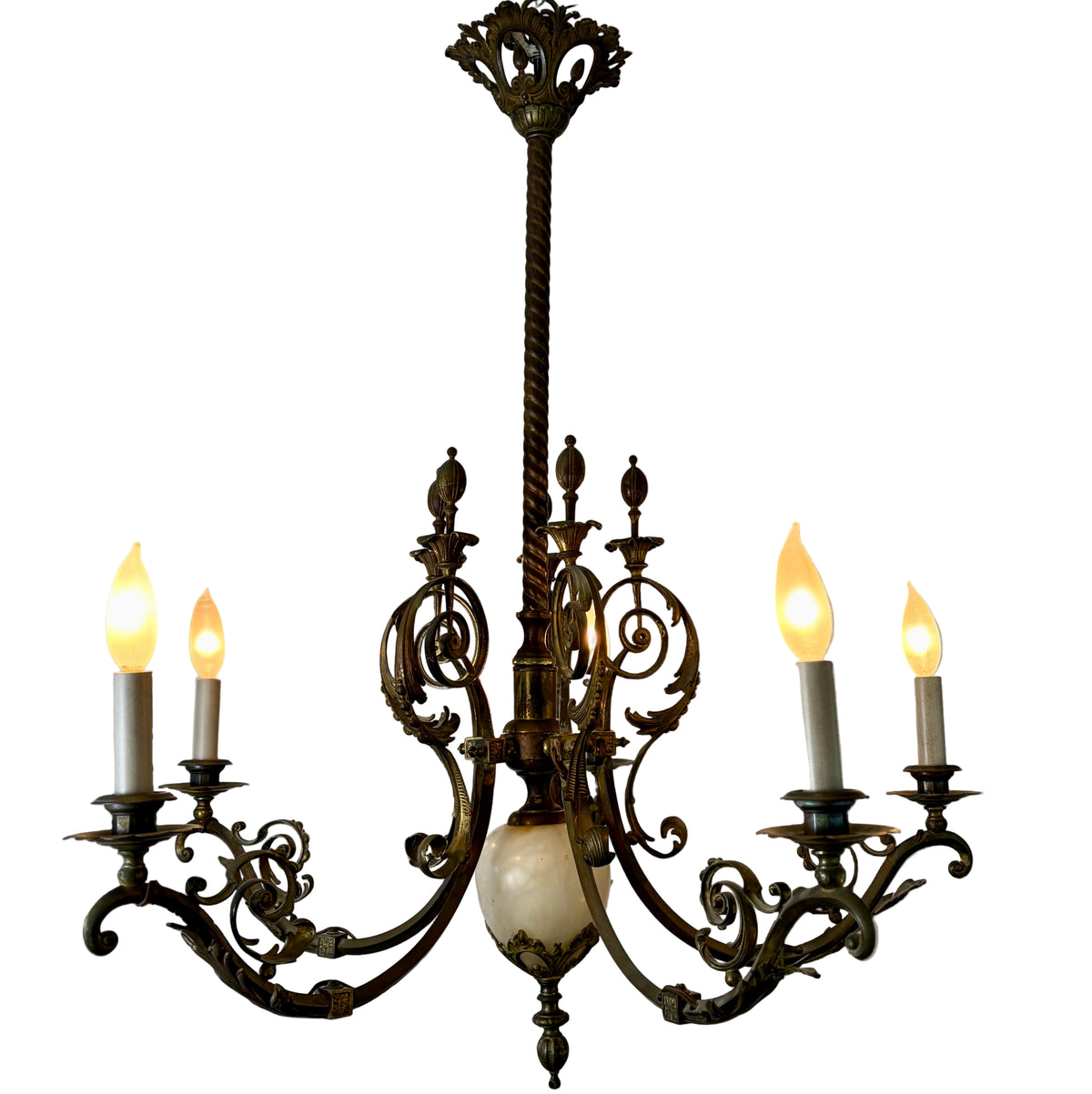 Vintage Chandelier,  5- Arm, Ornate, Golden Metal with Cream Stone Center, Sku: 033206