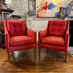 A. Rudin Accent Chairs, Tomato Red, Contemporary, Plaid, Pair