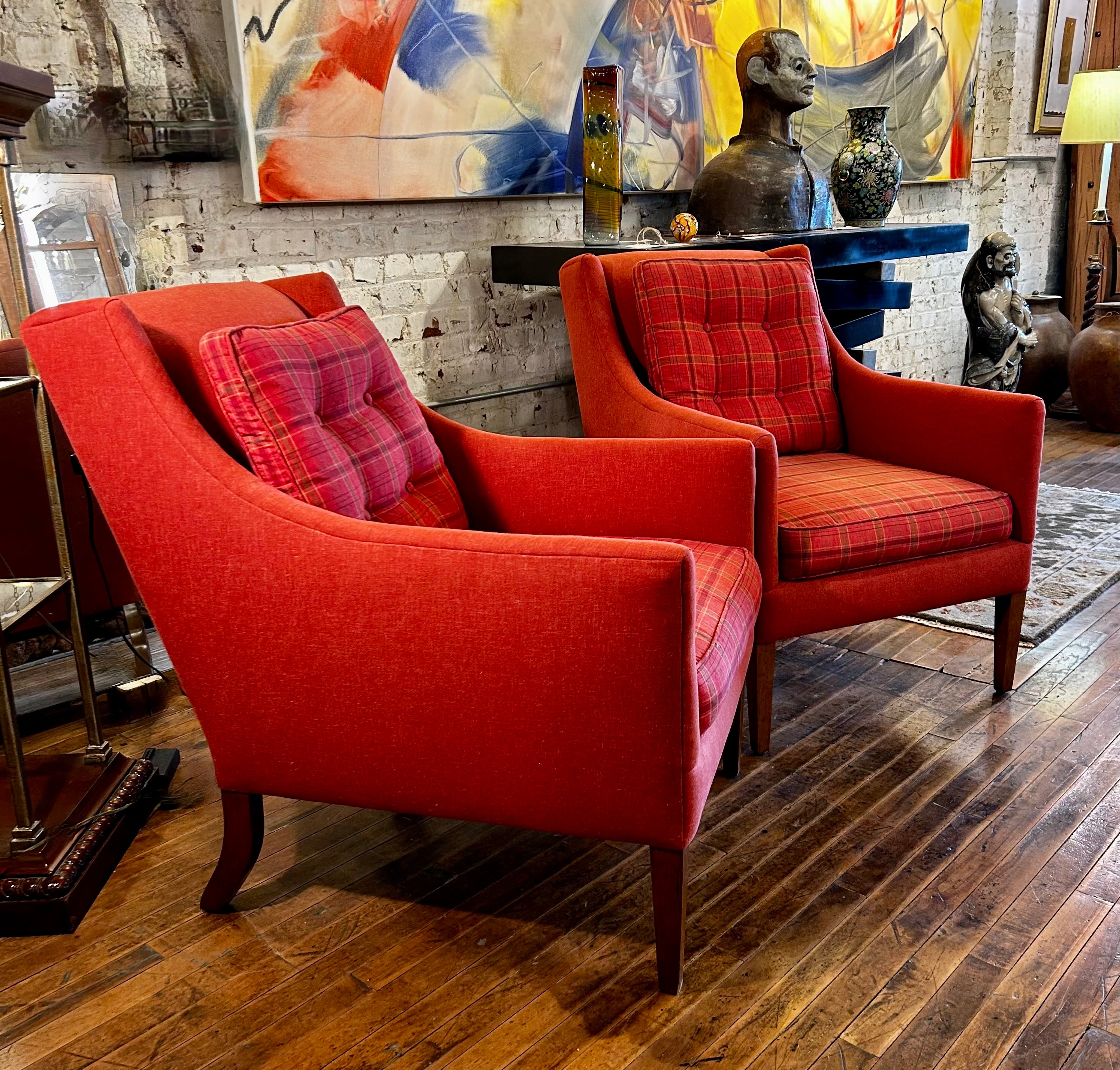 A. Rudin Accent Chairs, Tomato Red, Contemporary, Plaid, Pair