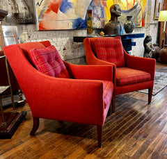 A. Rudin Accent Chairs, Tomato Red, Contemporary, Plaid, Pair