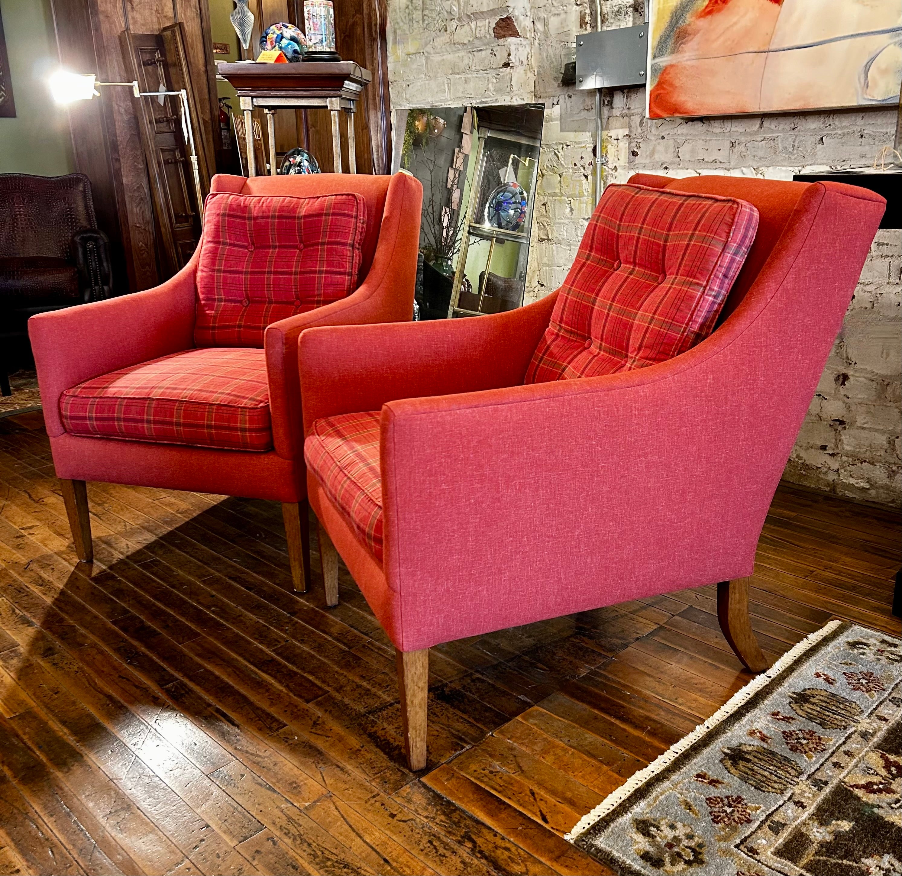 A. Rudin Accent Chairs, Tomato Red, Contemporary, Plaid, Pair