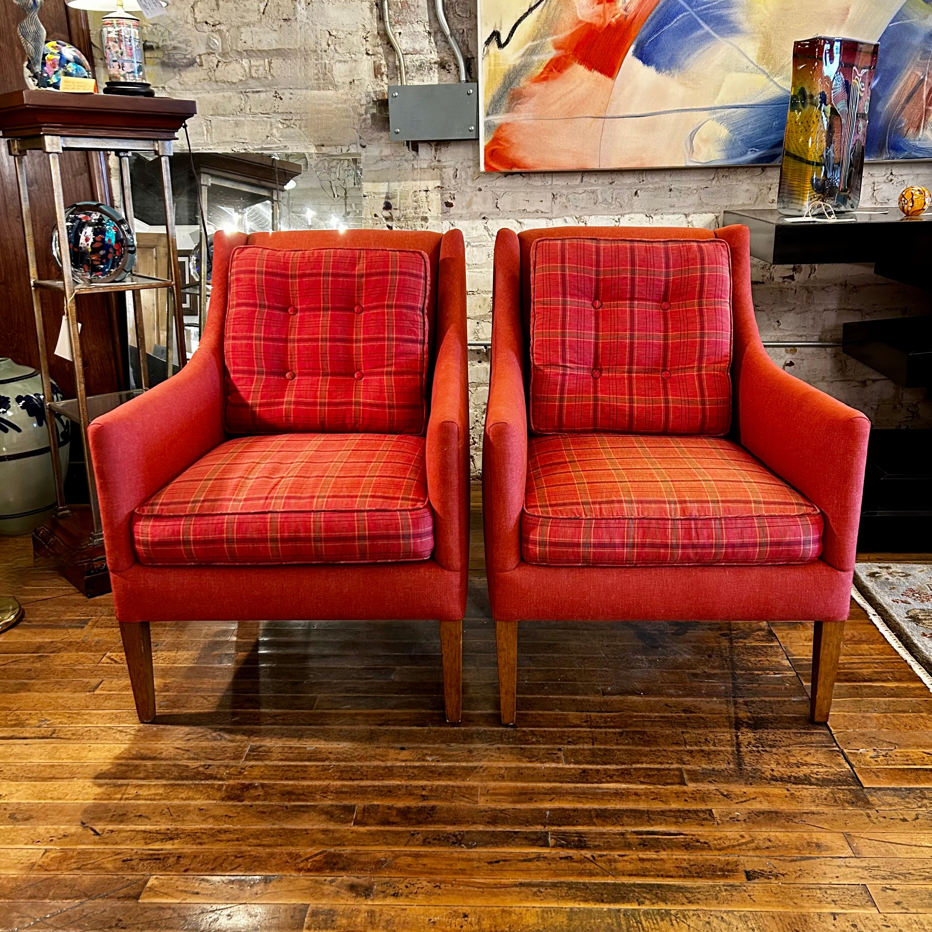 A. Rudin Accent Chairs, Tomato Red, Contemporary, Plaid, Pair