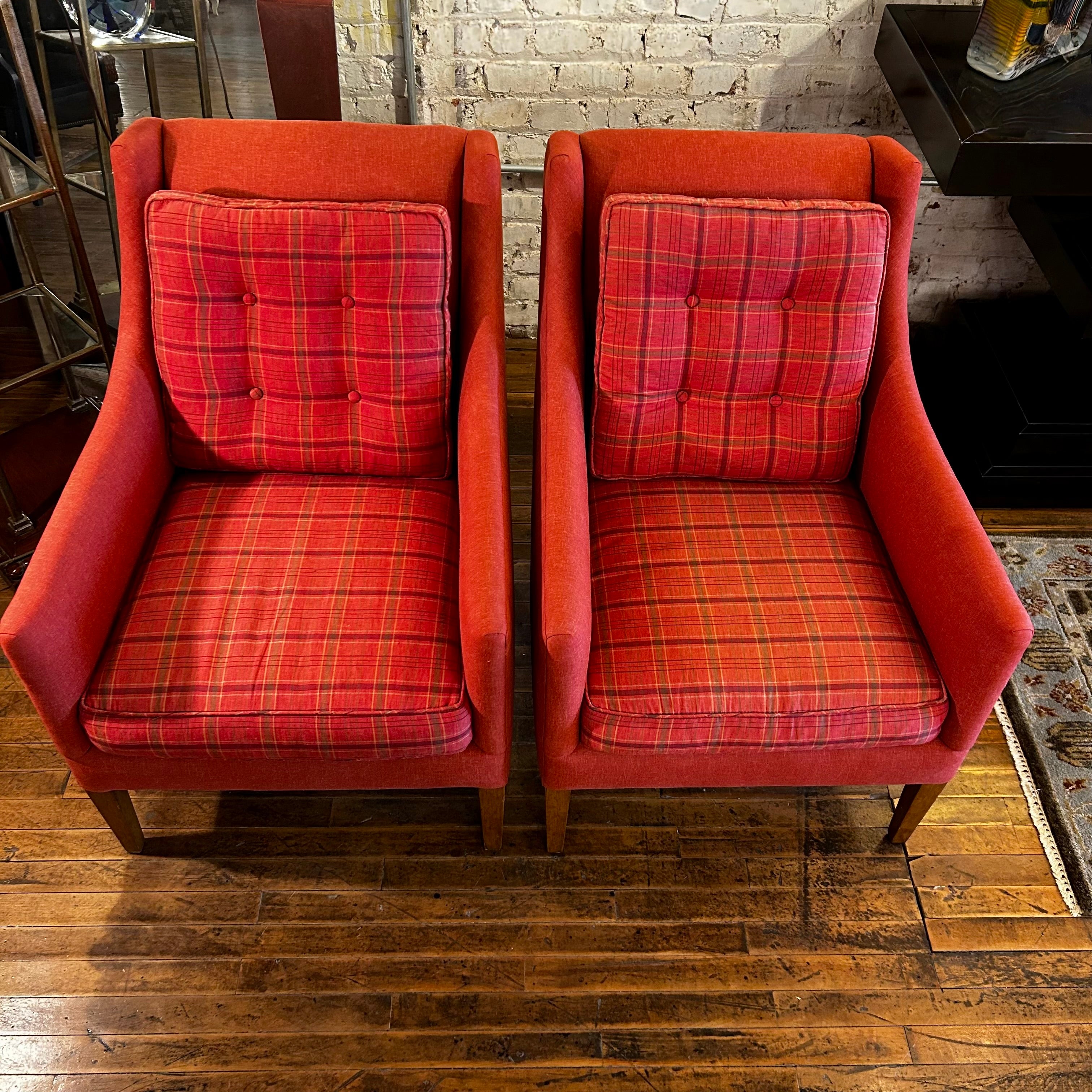 A. Rudin Accent Chairs, Tomato Red, Contemporary, Plaid, Pair