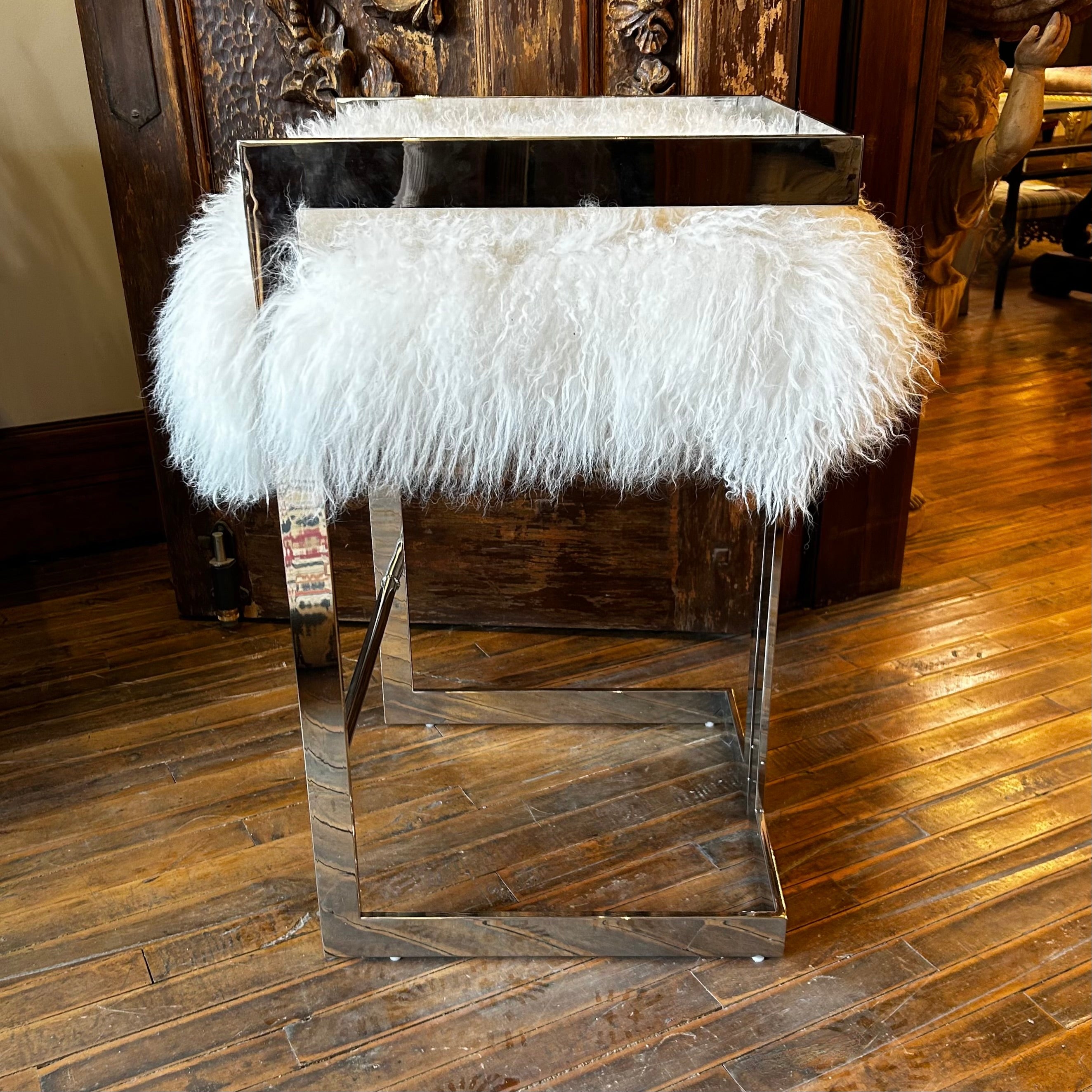 Bar Stool, Flokati Greek Sheep's Wool, Polished Nickel Frame