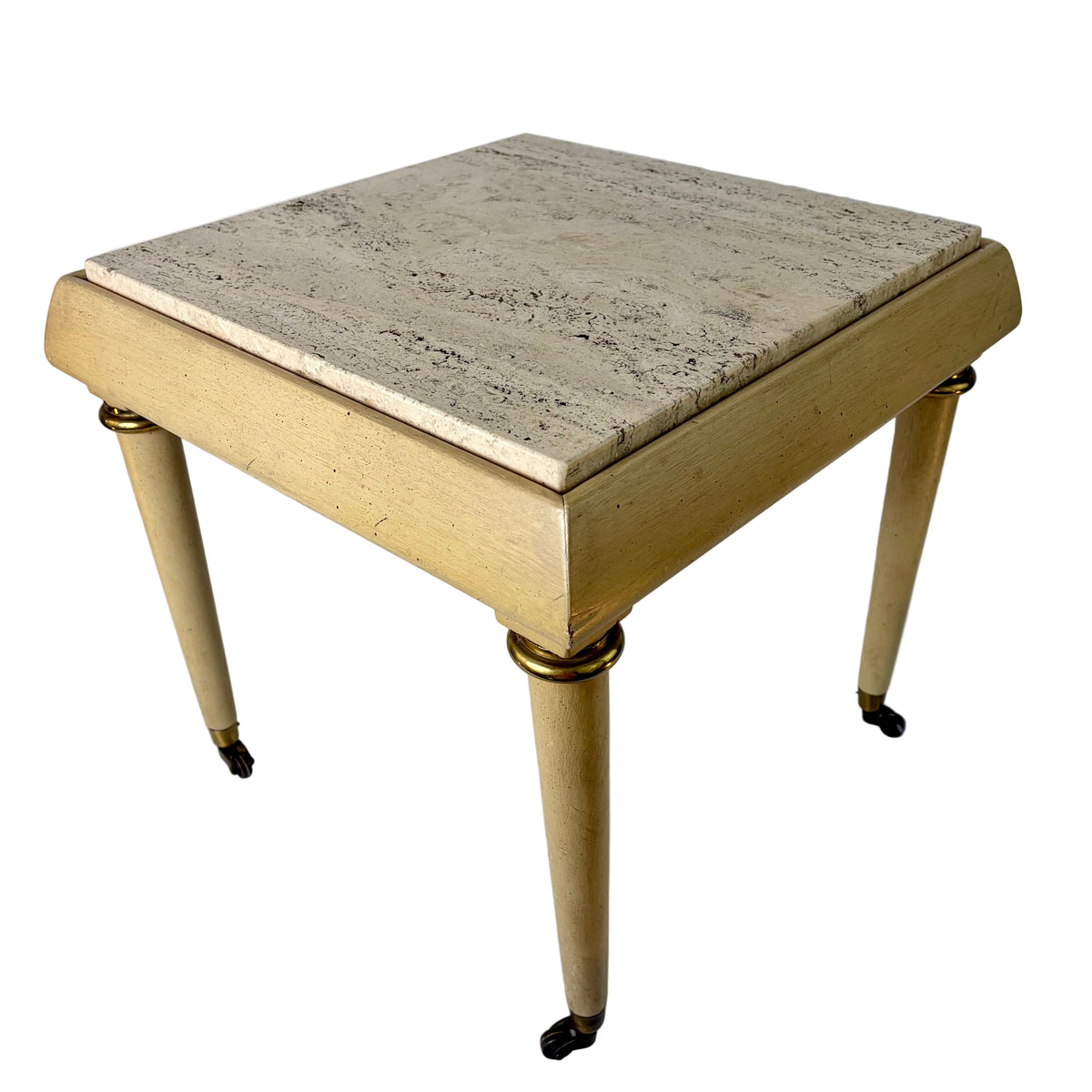 Italian Regency Style Mini Table on Casters, Ivory Wood Base, Brass Detail,Travertine, Sku: 033220