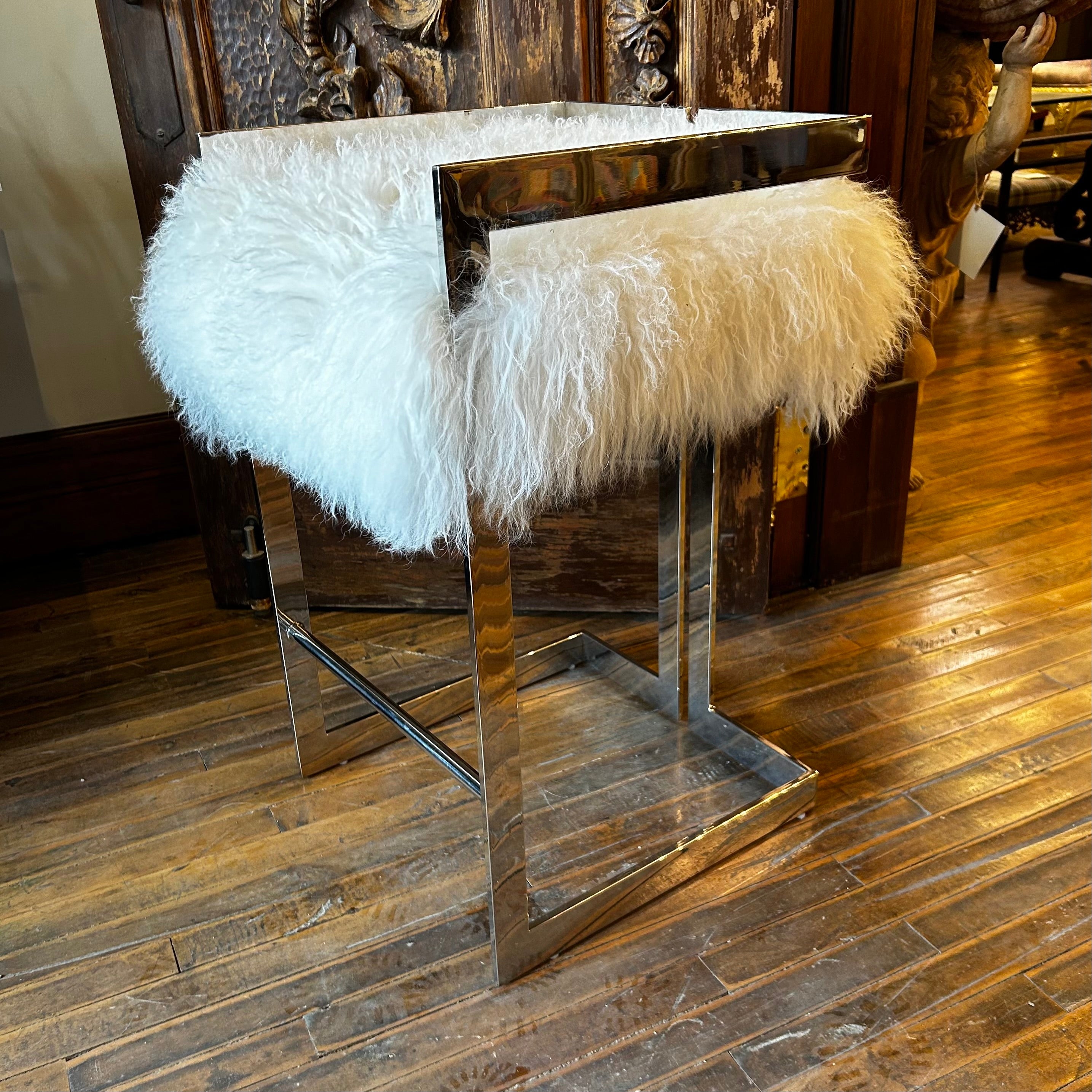 Bar Stool, Flokati Greek Sheep's Wool, Polished Nickel Frame