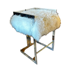 Bar Stool, Flokati Greek Sheep's Wool, Polished Nickel Frame