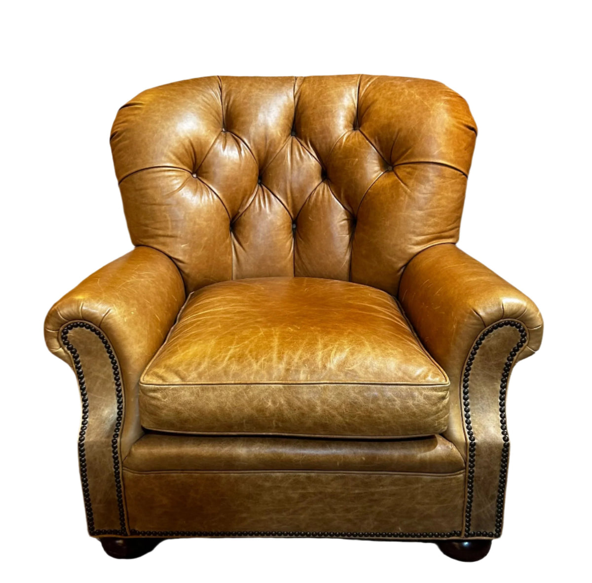 Hickory Chair, Tufted Leather Arm Chair, Lounge Chair, Honey Brown