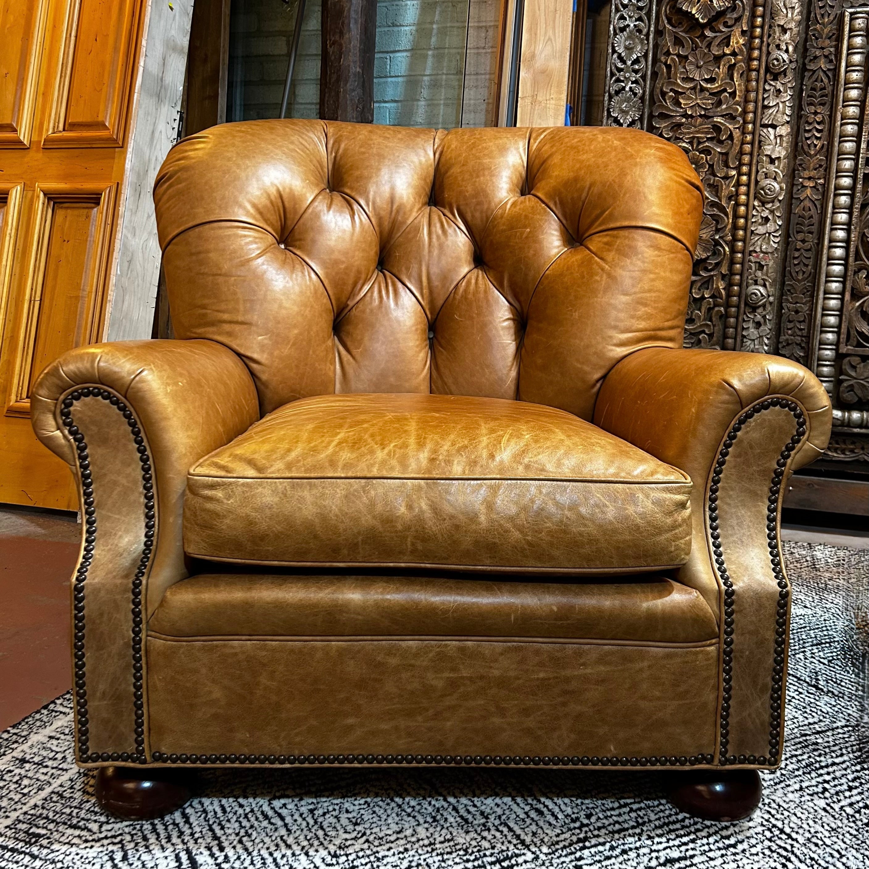 Hickory Chair, Tufted Leather Arm Chair, Lounge Chair, Honey Brown