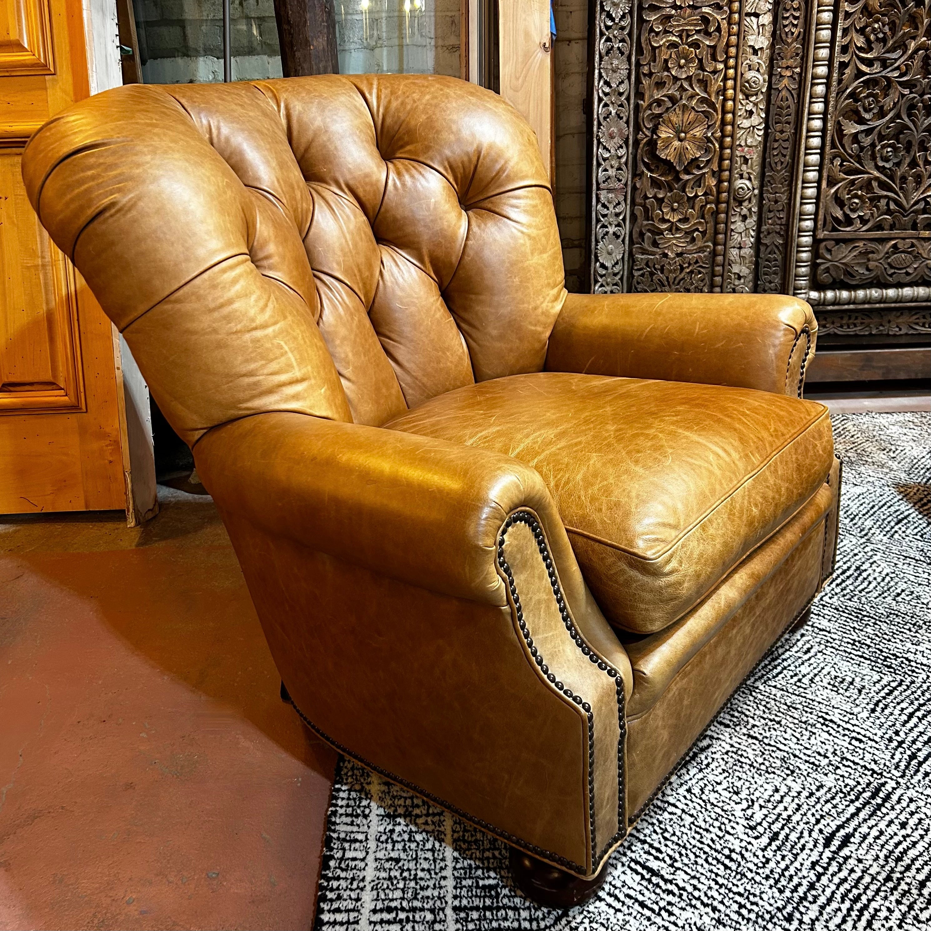 Hickory Chair, Tufted Leather Arm Chair, Lounge Chair, Honey Brown