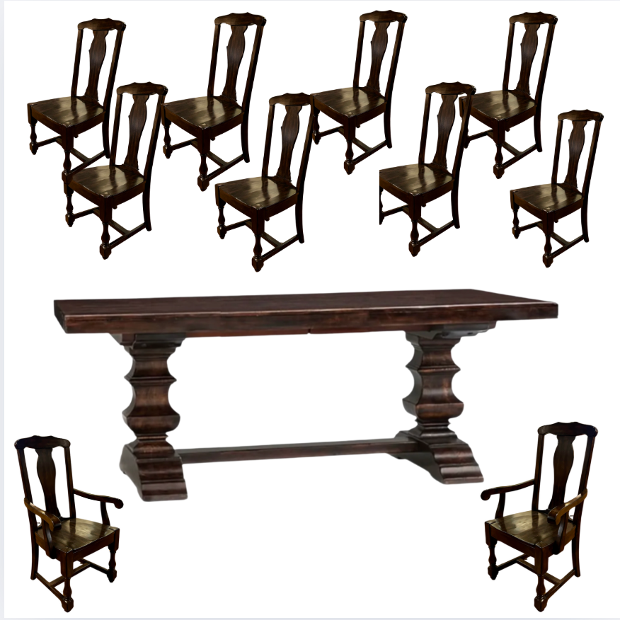 Pottery Barn Trestle Table Dining Set, Ten Chairs, Dark Brown, Solid Wood