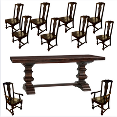 Pottery Barn Trestle Table Dining Set, Ten Chairs, Dark Brown, Solid Wood
