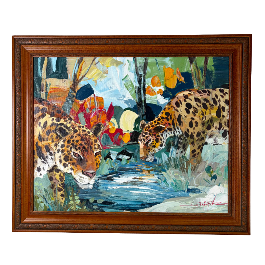 Original Artwork, Two Leopards at Stream, Signed by Artist, Framed, Sku: 033194