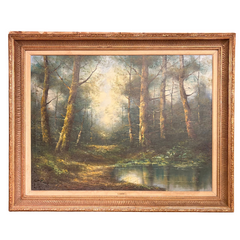 Vintage Forest Lake Scene by Dutch Artist Peter Volinger, Original Oil in Frame, Sku: 033173